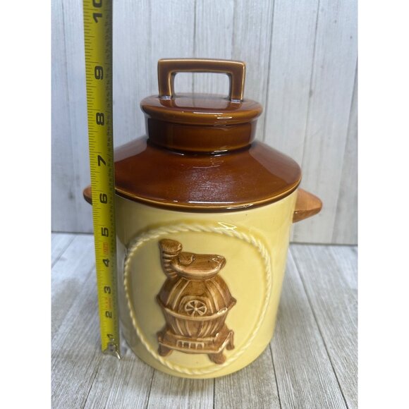 Vtg Pot Belly Stove Design Ceramic Cookie Jar Cannister with Brown Lid 9" Tall - Picture 8 of 10